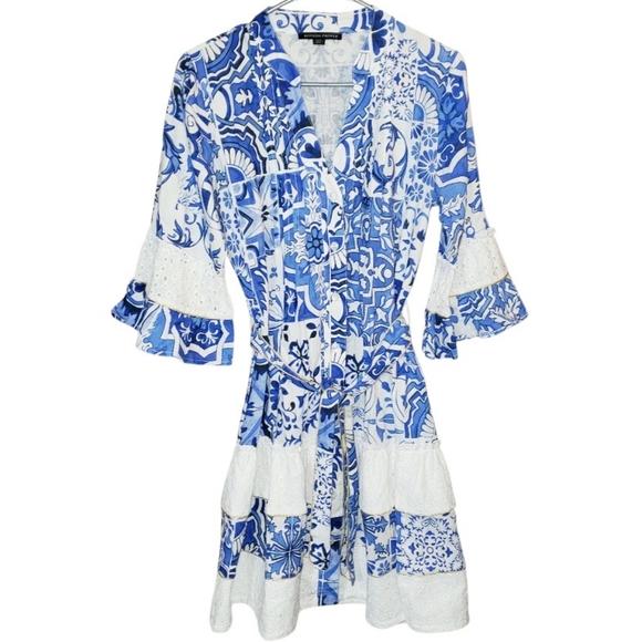 Boston Proper Positano Tile Print Tiered Linen Dress - Picture 2 of 7
